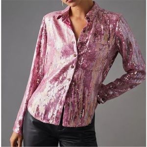 Pilcro Anthropologie Sequin Pink Button Blouse Top Large